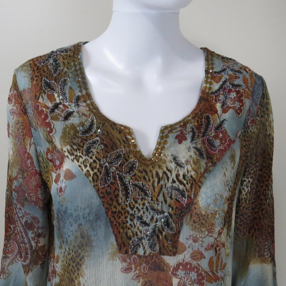 Chico's Silk Blouse SIZE 1 (US 8/10) Medium Sequins, Beads, Animal Print